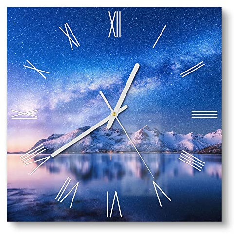 DEQORI Glasuhr | 30x30 cm | Motiv Galaxis über Fjord | ausgefallene leise Design Uhr aus Glas | Wanduhr für Wohnzimmer & Küche | Moderne Hingucker Uhr für die Wand