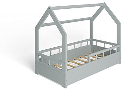 ms factory Hausbett mit Matratze Kinderbett 70x140 cm mit Rausfallschutz und Lattenrost - Einzelbett aus Kiefernholz für Mädchen und Junge - Grau