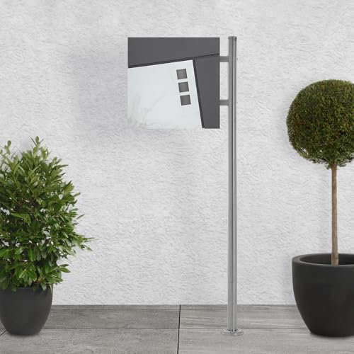 ECD Germany Standbriefkasten mit Zeitungsfach, Design Briefkasten mit Pfosten, Briefkastenanlage, Briefkastenständer Silber Edelstahl, Postkasten Anthrazit Weiß-Marmoroptik Stahl pulverbechichtet