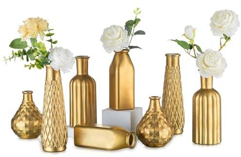 NUPTIO Vetro Vaso Piccoli Oro: Set di 8 Vasi per Fiori Centrotavola Decorazioni Centro Tavola Matrimonio Sposi Decorativi Soprammobili Decorativo Vintage Cristallo Decorazione Interno Arredamento Casa