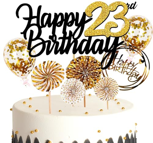 Feelairy Tortendeko Happy Birthday Gold Kuchendeko 23. Geburtstag Frau, Kuchen Topper Happy 23th Birthday, Cake Topper 23. Geburtstag Ballons Konfetti für Geburtstagstorte Deko 23 Jahre Frauen Männer