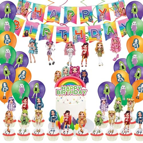 Rain High Luftballons Geburtstag Kinder, 50 PCS Birthday Party Supplies, Deko Geburtstag Mädchen mit Happy Birthday Banner, Luftballons, Kuchendekoration, Hängende Spiralen