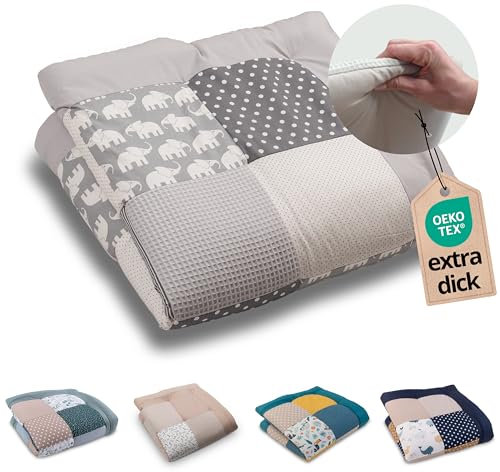 ULLENBOOM Krabbeldecke für Baby 100x100 cm, 100% OEKO-TEX Materialien, Made in EU, Dick & weich gepolstert, Graue Elefanten - ideal als Babydecke & Spieldecke Baby