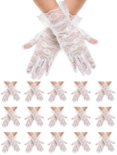 Coloch 16 Pair Ladies Lace Gloves, White Tea Party Gloves Wrist Length Floral Lace Gloves Elegant Short Bridal Gloves Etiquette Hand Accessories for Party, Opera, Wedding, Cosplay Costume Accessory