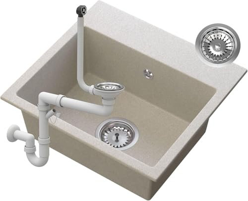 Spülbecken 45x42 cm mit Siphon - Granitspüle mit vorgebohrte Löche - Waschbecken für Küche - Einbauspüle Milos - Beige - Granitan
