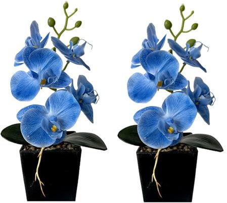 XIZHI Lot de 2 orchidées artificielles avec Vase, 25,4 cm, bonsaï, Fleurs Papillon en Soie avec Pot pour Mariage, Bureau, décoration d'intérieur, centres de Table (Bleu)