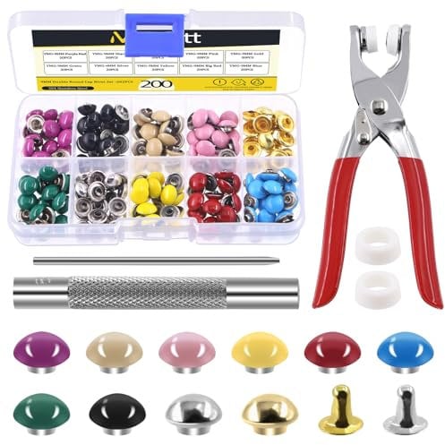 Mardatt 200 Sets 9mm Double Round Cap Leather Rivets with Fixing Tools, 10 Colors Caps Leather Rivets Metal Studs Leather Rivet Dome Rivets for Leather Craft DIY Decoration