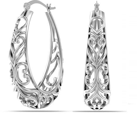 LeCalla 14K Weißgold vergoldet 925 Sterling Silber Filigrane Creolen Leichtgewichtige Ovale Klick-Top Creolen Ohrringe für Frauen