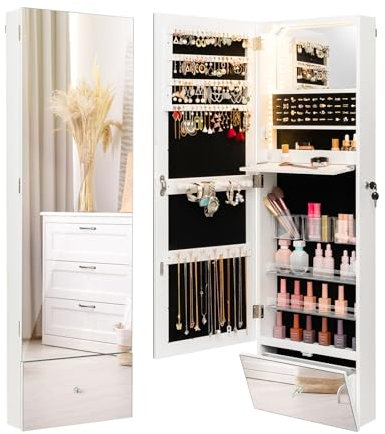COSTWAY Schmuckschrank hängend, Spiegelschrank abschließbar mit LED Beleuchten, Schubladen, Schminkschrank mit klappbarem Ablagefach, Schmuck Organizer für Wandmontage, Weiß