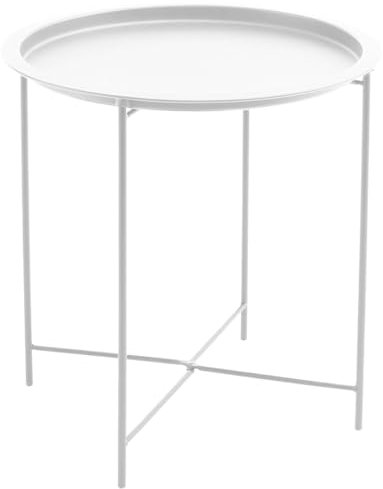 Acomoda Textil – Mesa Auxiliar Plegable de Metal para Recibidor, Salón y Oficina. Mesita de Café Redonda para Centro con Bandeja Extraíble Decorativa, Cómoda y Ligera 47x51 cm. (Blanco)