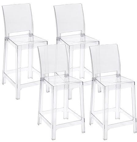 Baroni Home Lot de 4 tabourets de Bar en Polycarbonate Transparents résistants, Assise Ergonomique avec Dossier incurvé, Facile à Installer, 42x49x98 cm, Transparent