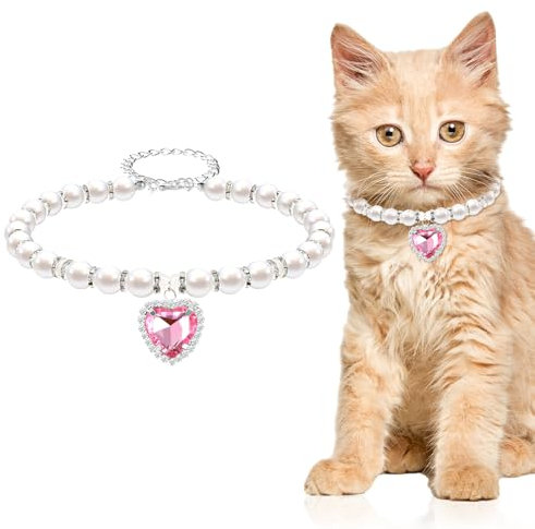 Andibro Collier en perles pour chat, joli collier en strass brillant pour petit chat avec accessoires de bling pour chaton, petit chien, fête d'anniversaire de mariage (taille L, rose)