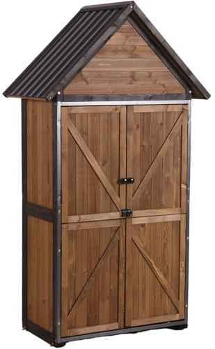 GUTINNEEN Shed Outdoor Storage Upgraded with Durable Front Metal Frame Garden Shed Tool Storage Cabinet with Wooden Floor Adjustable Shelfs 2.5 x 1.4FT （Brown）
