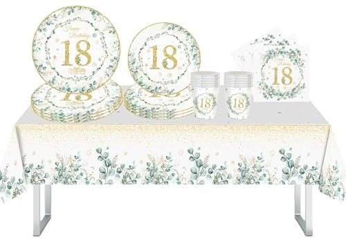69Pcs 18th Birthday Table Decorations for Her Woman,18th Birthday Tableware,Sage Green 18th Party Decorations.18th Birthday Paper Plates and Napkins,Paper Cups,18th Birthday Tablecloth 18th serviettes
