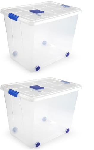 Muddy Hands Pack of 2-86 Litre Extra Large Clear Plastic Storage Boxes with Lids & Wheels Home Office Stackable Containers - Length: 62cm - Width: 45cm - Height: 47cm