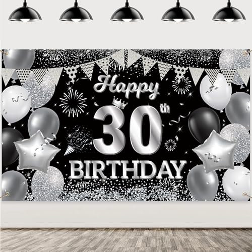 30. Geburtstag Banner Schwarz Silber - 30. Geburtstag Deko Schwarz Silbernes Hintergrundtuch große Happy Birthday Hintergrunddekoration für Männer Frauen 30. Geburtstags Party Deko drinnen draußen