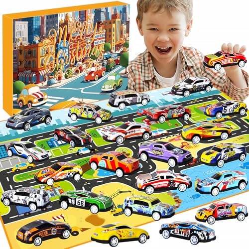 Adventskalender 2025 Autos, Weihnachts-Countdown-Kalender für Jungen, 24 Pcs Xmas Pull-Back Race Cars für Kinder Stocking Stuffers Party Favors