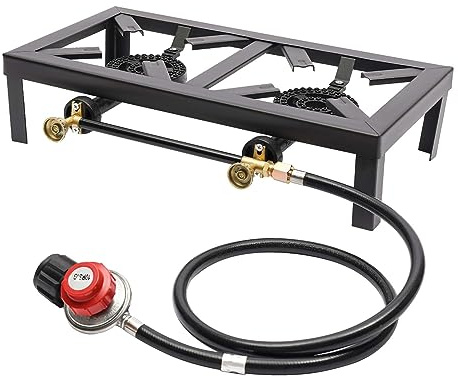 Levkitch Gas Stove, Double Burner Portable Camping Stove, BBQ Cooker Cast Iron Steel Catering Stove, Outdoor LPG Black Cooker with Boiling Ring Regulator Hose, Adjustable Heat