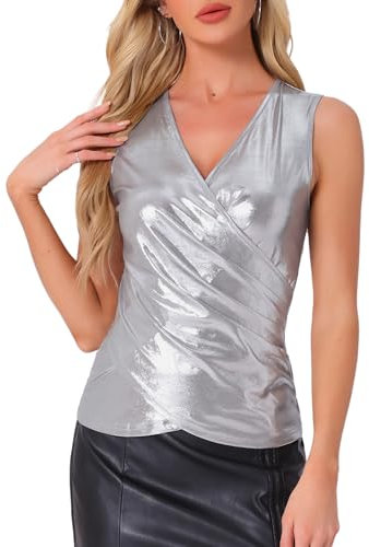 Allegra K Mujer Top Metálico Envolvente Camiseta Sin Mangas con Cuello En V Ligera Y Fruncida Disfraz de Navidad Halloween Plata L