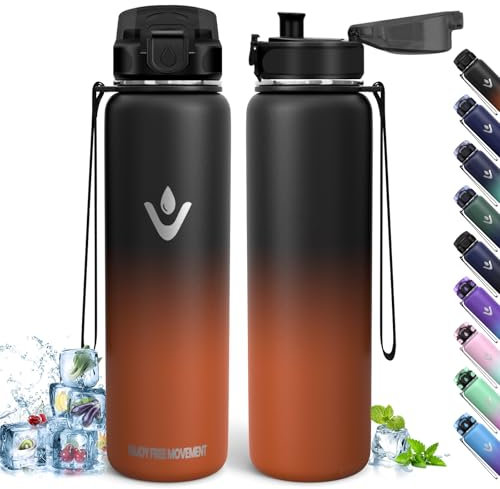 Trinkflasche Edelstahl, 1L BPA-Frei, Thermosflasche, Auslaufsicher, Thermoskanne, Doppelwandige Isolierung, Isolierflasche, Wasserflasche, 18/8 Edelstahl, Thermoskanne für Wandern, Laufen, Schule