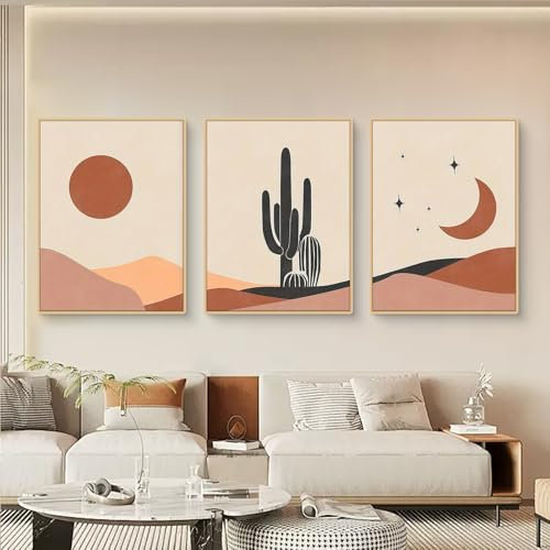 Ueiwffzo 3er Set Bilder Wohnzimmer, Boho Deko, Exquisites Mond Sonne Kaktus Poster Set ohne Rahmen, Premium Leinwandbilder Wandposter Wanddeko für Schlafzimmer Wohnzimmer (50 x 70 cm)