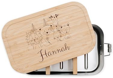 wunderwunsch - Personalisierte Brotdose für Kinder - Robuste und Individuelle Edelstahl Brotdose mit Namen - Geschenke für Kinder (GROSS Edelstahl,Blume Tierfamilie)