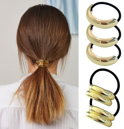 5 Pcs Metal Hair Ponytail Holders, Ponytail Cuff Gold Hair Cuffs, Hair Cuff Wrap Rope, Ponytail Holder Elastic Hair Ties Hair Rope Accessory for Thick Hair for Women Hair Accessories(Gold)