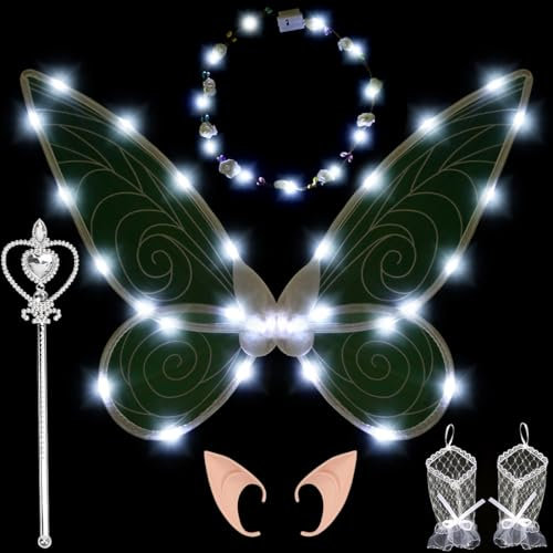 Ailes de fée lumineuses pour adulte - Ailes de fée pour femme - Avec bandeau LED et baguette magique - Ailes d'elfe - Ailes de papillon - Ailes de fée pour carnaval et cosplay - Blanc