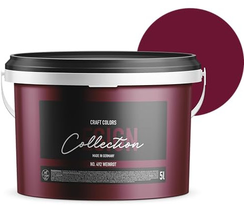 Craft Colors® 5L hochwertige Wandfarbe edelmatt, Kreidefarbe made in Germany, DESIGN Collection No. 492 Weinrot