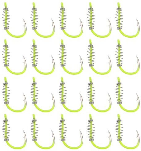 eMagTech 20Pcs Spring Fishing Hooks, Size 12# High Carbon Steel Hooks with Metal Spring Barbed Swivel Fishing Hooks Suitable forPower Bait Trout Carp, Fluorescent Yellow