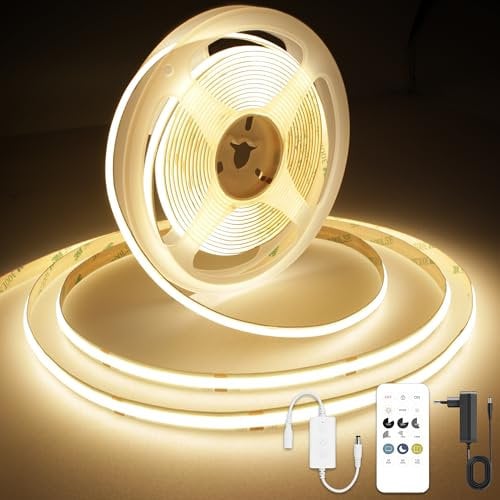 AXMOTUT COB LED Streifen 7.5m, Warmweiss 3000K 24V 320LEDs/M CRI90 LED Strip Light, Dimmbar LED Streifen mit RF Fernbedienung und Netzteil, für Zuhause Partei deko, DIY Dekoration