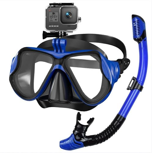 Shyllin Gafas Buceo y Tubo de Snorkel Set, Máscara de Buceo con Esnórquel para Adultos, Gafas Snorkeling Panorámicas Máscara de Snorkel Antivaho Antifugas Cristal Templado con Soporte Cámara (Azul)