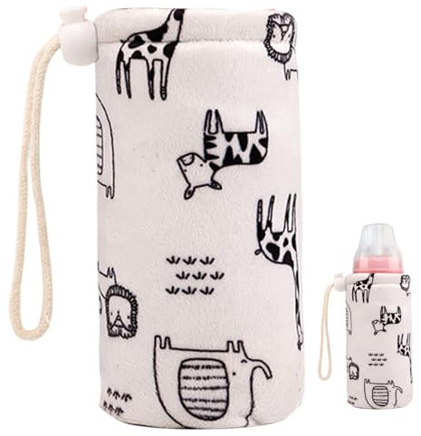Baby Bottle Sleeves, 300ml Thick Lambswool Liner Warm Baby Bottle Cover with Lanyard Cute Animal Pattern Glass Feeder Warm Pouch for Toddler