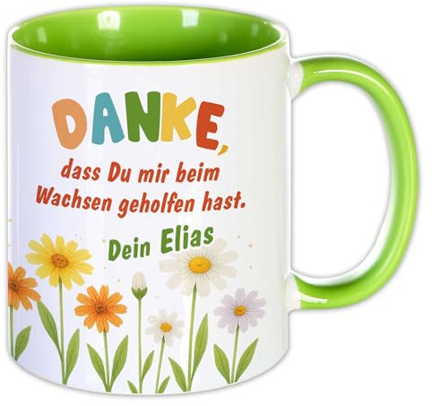 Kita Abschieds Geschenk Tasse, Danke dass du mir beim wachsen geholfen hast, Schule Trainer Lehrer Tasse mit Namen, Erzieherin Erzieher Kinder Danke Kindergarten (Tasse Hellgrün Blumen)
