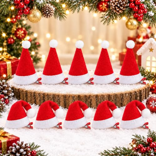 FALSKT 10 Stück Weihnachts Haarschmuck Mini Weihnachtsmützen Haarspange Weihnachten Nikolausmütze Weihnachts Kopfschmuck Weihnachtsmütze Haarspangen Santa Hut Hair Clip für Mädchen Damen