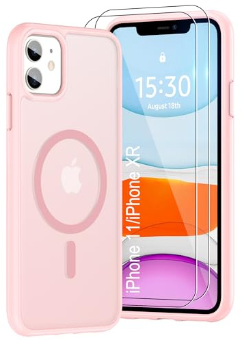 Pilaru Magnetic Case for iPhone 11/XR [Compatible with MagSafe] 2X Screen Protector | Anti-Yellowing & Fingerprint, Shockproof, Skin-friendly Slim Fit Translucent Phone for iPhone 11/XR-Matte Pink