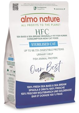 Almo Nature HFC Our Best - Adult Sterilized - Trockenfutter für sterilisierte Katzen - Wolfsbarsch & Seebrasse - Zur Gewichtskontrolle, Lebensmittelqualität, Glutenfrei - 300g