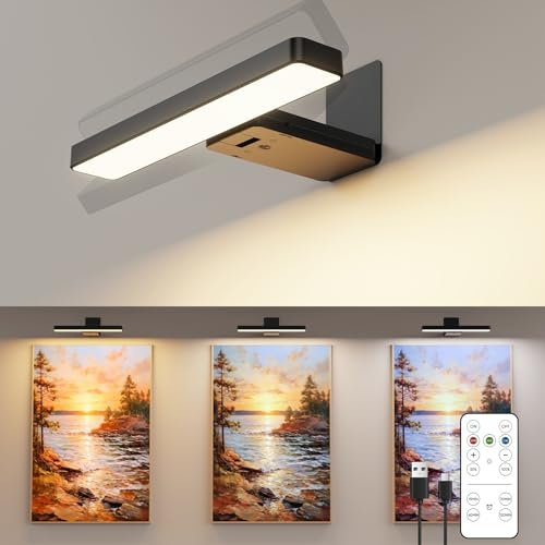 Bilderleuchte Kabellos, Akku Bildbeleuchtung mit Fernbedienung, Dimmbar Wandleuchte Innen ohne Stromanschluss, Dart Beleuchtung, LED Wandlampe mit 3 Farbtemperaturen Timer für Gemälde Malen Foto Art