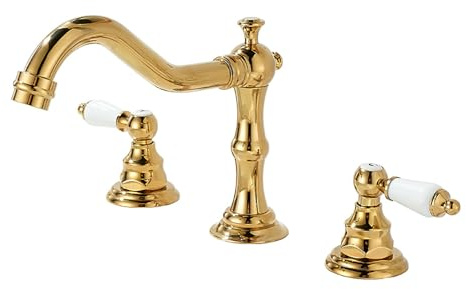 Antique Brass 3-Hole Bathroom Sink Mixer Tap - Dual Lever Traditional Faucet for Under-Counter Wash Basin Vintage Style Easy Installation Brushed Finish