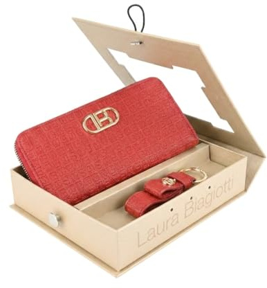 Laura Biagiotti Cofanetto Regalo Donna, Portafoglio Grande con Cerniera e Portachiavi Elegante in Similpelle Rosso
