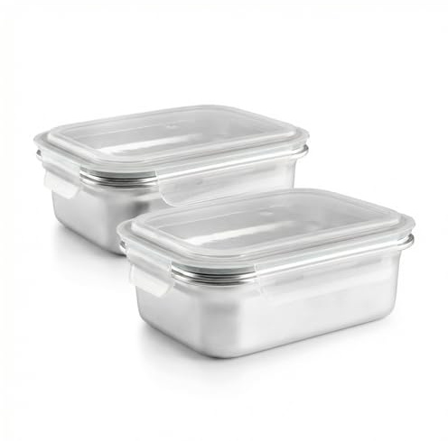 PracticDomus Juego de Recipientes en Acero Inoxidable con Tapa Hermética Aptos Microondas, Horno, Airfryer y Nevera (2XREC 1200ML)