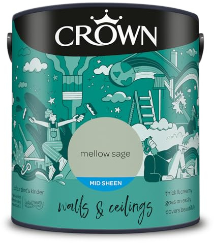 Crown WALLS & CEILINGS Sage Green Kitchen & Bathroom Paint, Mid Sheen 2.5L | Wipeable Mellow Sage, scuff resistant mid sheen. Durable on walls & ceilings. Condensation resistant. Low VOC & low odour