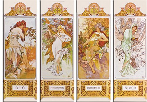 1art1 Alphonse Mucha Poster Die Vier Jahreszeiten, 1896, 4-Teilig Bilder Leinwand-Bild Auf Keilrahmen | XXL-Wandbild Poster Kunstdruck Als Leinwandbild 120x90 cm