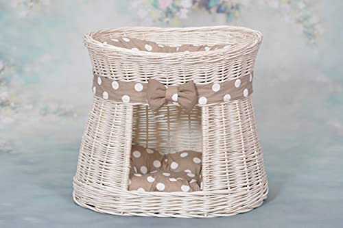 e-wicker24 Ovale cremefarbene Katzenhütte, Katzenkorb aus Weide, Korb für die Katze mit Zwei Etagen, Katzenlager mit Kissen, Katzenturm (Beige 2)
