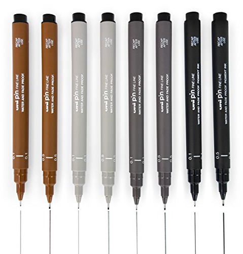 Uni Pin Fineliner Drawing Pen - Sketching Set of 8-0.1mm / 0.5mm - Black, Dark Gray, Light Gray, and Sepia