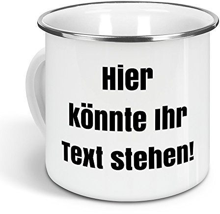 printplanet - Emaille-Tasse mit eigenem Text Bedrucken Lassen - Blechtasse Personalisieren – Nostalgie-Becher mit eigenem Spruch, Farbe Silber, 300ml