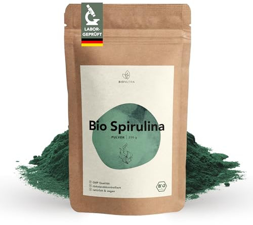 BIONUTRA® Bio Chlorella Spirulina Pulver 250 g, rückstandskontrolliert, nach EU-ÖKO-Standard hergestellt, vegan, laktose- & glutenfrei, ohne Zusätze, Spirulina Chlorella Bio Pulver