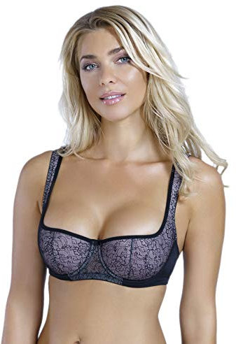 Rosme Women's Balconette Bra with Push Up Effect – Plus Size Sexy Lace Demi Half Cup Bra – Lightly Padded Underwired Low Cut Mesh Design Grand, Black, Size 36F