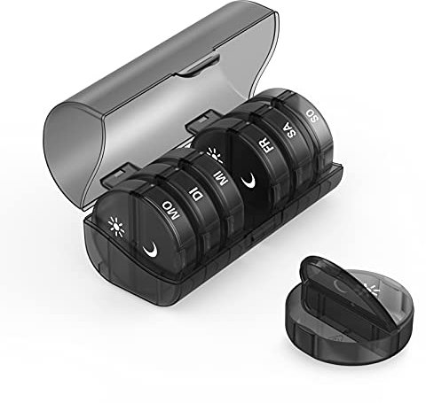 SUKUOS Tablettenbox 7 Tage Morgens Abends, Pillendose Rund 7 Tage 2 fächer, Handlicher und Feuchtigkeitsbeständiger Medikamentenbox Medikamentendosierer Woche - Schwarz