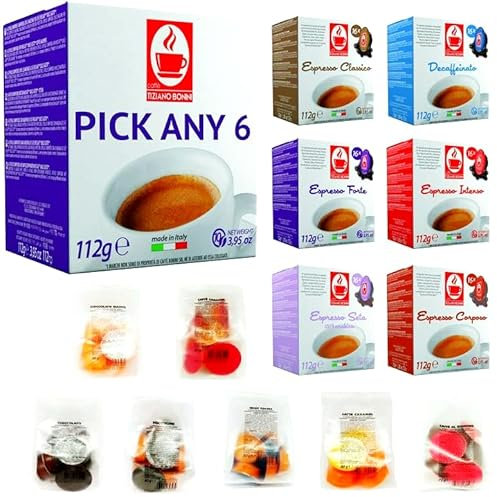 Bonini Coffee Pods Compatible with Lavazza a Modo Mio Coffee Machines. Pick Any 6 Packs from 15+ Flavours Inc. Espresso, Hot Chocolate, Caramel, Hazelnut Cappuccino, Irish, Decaf More.